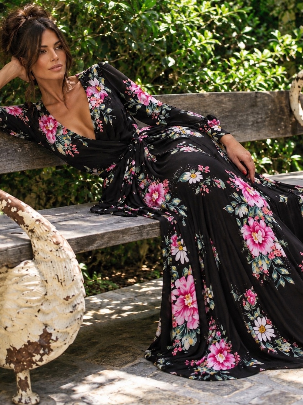 Yumi Kim Black Floral Wrap Maxi Dress with Pink and White Blooms
